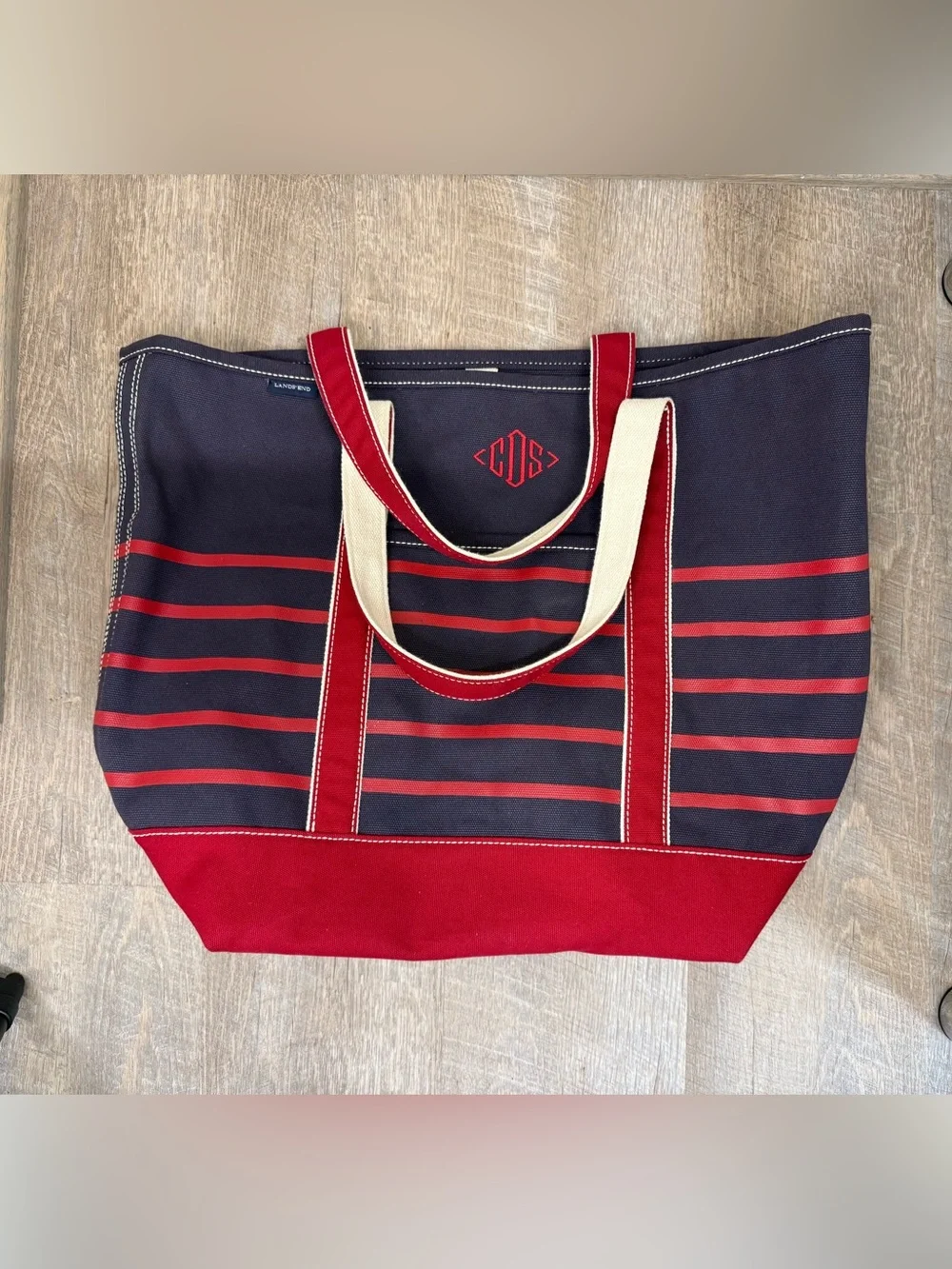 Lands' End Large Striped Canvas Boat Tote Bag Navy Red Monogram CDS 18